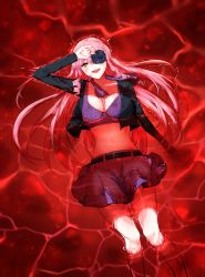 Rule 34 | 1girl, :d, aaaaddddd, absurdres, akuma no riddle, black flower, black jacket, black rose, bra, breasts, cleavage, floating hair, flower, from above, highres, inukai isuke, jacket, large breasts, long hair, long sleeves, looking at viewer, lying, midriff, miniskirt, navel, on back, open clothes, open jacket, open mouth, orange eyes, pink hair, plaid, plaid skirt, pleated skirt, purple bra, purple skirt, rose, skirt, smile, solo, stomach, underwear, very long hair