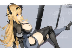 Rule 34 | 1girl, absurdres, alternate costume, ash arms, ass, between breasts, blonde hair, blue eyes, blush, breasts, closed mouth, grey background, hair between eyes, hair ornament, headband, highres, ju 87 (ash arms), large breasts, looking at viewer, shoes, solo, thighs, uniform, white background, yykuaixian