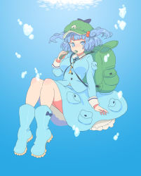 Rule 34 | 1girl, air bubble, backpack, bag, between breasts, blue background, blue eyes, blue footwear, blue hair, blue shirt, blue skirt, blue theme, blunt bangs, boots, breasts, bubble, buttons, collared shirt, commentary request, cucumber, eating, flat cap, floating hair, food, frilled shirt collar, frills, full body, green bag, green hat, hair bobbles, hair ornament, hat, highres, hitodama print, holding, holding food, jean (jean sp), kawashiro nitori, key, large breasts, long sleeves, looking at viewer, mouth hold, petticoat, pocket, rubber boots, shirt, short twintails, sidelocks, skirt, skirt set, sleeve cuffs, solo, submerged, touhou, twintails, underwater