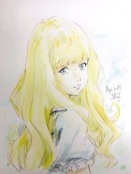 Rule 34 | 1girl, aqua eyes, blonde hair, blue dress, carole &amp; tuesday, color ink (medium), commentary, dated, dress, freckles, highres, lipstick, long hair, looking at viewer, looking back, makeup, nii manabu, portrait, puffy short sleeves, puffy sleeves, short sleeves, signature, smile, solo, tuesday simmons