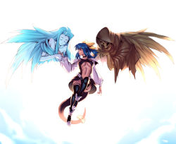 Rule 34 | 1boy, 2girls, above clouds, angel wings, arc system works, asymmetrical wings, belt, black legwear, blue sky, boots, breasts, center opening, choker, cloud, dizzy (guilty gear), flying, guilty gear, guilty gear x, guilty gear xx, hair ornament, hair ribbon, hair rings, large breasts, long sleeves, looking to the side, monster girl, multiple girls, navel, necro (guilty gear), optionaltypo, puffy long sleeves, puffy sleeves, red eyes, ribbon, signature, skull, sky, stomach, sunlight, tail, thigh strap, twintails, underboob, undine (guilty gear), wings, yellow ribbon