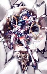Rule 34 | 1girl, absurdres, apron, blue eyes, broken glass, clock, foreshortening, glass, gloves, gluteal fold, highres, izayoi sakuya, knife, looking at viewer, maid, maid apron, maid headdress, mary janes, nsio, open mouth, outstretched hand, panties, shoes, short hair, silver hair, skirt, solo, thighhighs, touhou, underwear, white gloves
