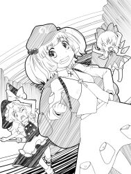 Rule 34 | 3girls, apron, backpack, bag, barefoot, blunt bangs, blush, bow, braid, broom, buttons, cirno, clenched hand, collared shirt, commentary request, dress, feet out of frame, flat cap, flat chest, frilled shirt collar, frills, full body, greyscale, grin, hair bobbles, hair bow, hair ornament, hat, hat bow, ice, ice wings, jewelry, kawashiro nitori, kei jiei, key, key necklace, kirisame marisa, long hair, long sleeves, looking at viewer, mary janes, monochrome, multiple girls, neck ribbon, necklace, one eye closed, open mouth, pinafore dress, pocket, ribbon, shirt, shoes, short hair, single braid, sleeveless, sleeveless dress, smile, socks, touhou, two side up, waist apron, wings, witch hat