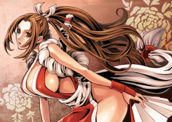 Rule 34 | 1girl, bare shoulders, breasts, brown eyes, brown hair, chounorin, cleavage, hand fan, fatal fury, fingerless gloves, folding fan, gloves, japanese clothes, large breasts, long hair, pelvic curtain, ponytail, shiranui mai, side slit, sideboob, snk, solo, the king of fighters