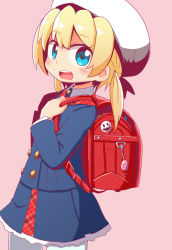 Rule 34 | 1girl, :d, backpack, bag, beret, blonde hair, blue eyes, blue jacket, blue skirt, blush, brown background, commentary request, cowboy shot, crime prevention buzzer, etrian odyssey, frederica irving, hair between eyes, hands up, hat, holding, jacket, long hair, long sleeves, looking at viewer, looking to the side, low twintails, naga u, open mouth, pantyhose, pleated skirt, randoseru, round teeth, sekaiju no meikyuu, shin sekaiju no meikyuu, simple background, skirt, smile, solo, teeth, twintails, upper teeth only, white hat, white pantyhose