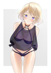 Rule 34 | 1girl, absurdres, azur lane, bare legs, bikini, blonde hair, blue bikini, blue eyes, blush, breasts, cl (summer sama), cross, cross necklace, highres, jewelry, leaning forward, legs, looking at viewer, medium breasts, navel, necklace, see-through, short hair, simple background, smile, solo, stomach, swimsuit, thighs, z23 (azur lane), z23 (breezy doubles) (azur lane)
