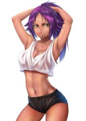 Rule 34 | 1girl, armpits, arms up, black shorts, bleach, breasts, cleavage, closed mouth, collarbone, cowboy shot, crop top, dark-skinned female, dark skin, highres, long hair, looking at viewer, medium breasts, midriff, mouth hold, navel, parted bangs, purple hair, sakuya (liao kj), shihouin yoruichi, shiny skin, shorts, simple background, solo, standing, stomach, sweat, tank top, tying hair, white background, yellow eyes