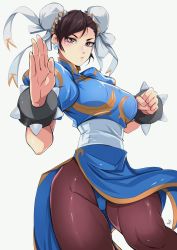 Rule 34 | 1girl, absurdres, blue dress, blue panties, bracelet, breasts, brown eyes, brown hair, bun cover, capcom, china dress, chinese clothes, chun-li, delux drawings, double bun, dress, earrings, gold trim, hair bun, highres, jewelry, medium breasts, panties, pantyhose, pelvic curtain, puffy short sleeves, puffy sleeves, short sleeves, signature, solo, spiked bracelet, spikes, street fighter, street fighter ii (series), thighs, underwear, white background