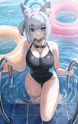 Rule 34 | 1girl, absurdres, animal ears, bare shoulders, black one-piece swimsuit, blue archive, blue eyes, blush, breasts, cleavage, closed mouth, collarbone, commentary, cross, cross hair ornament, goggles, goggles around neck, grey hair, hair ornament, halo, highres, innertube, inverted cross, jeze, large breasts, looking at viewer, medium hair, mismatched pupils, one-piece swimsuit, pool, pool ladder, shiroko (blue archive), shiroko (swimsuit) (blue archive), solo, swim ring, swimsuit, thighs, water, wet, whistle, whistle around neck