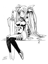 Rule 34 | 00s, bardiche (nanoha), bardiche (riot blade) (nanoha), blush, bow, breasts, cape, covered erect nipples, fate testarossa, fate testarossa (lightning form), gauntlets, greyscale, hair bow, large breasts, long hair, lyrical nanoha, mahou shoujo lyrical nanoha, monochrome, nanjou asuka, sitting, smile, solo, sword, thighhighs, twintails, weapon