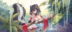 Rule 34 | 1girl, absurdres, black hair, blush, branch, breasts, cannian dada, character request, cleavage, commentary request, day, frilled skirt, frills, grey eyes, hair between eyes, hair brush, highres, holding, looking at viewer, medium breasts, outdoors, parted lips, red: pride of eden, see-through, skirt, skunk ears, skunk girl, skunk tail, solo, water, wet, wet clothes, white skirt