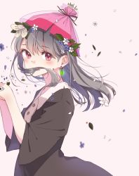 Rule 34 | 1girl, beige background, black dress, blush, cupping hands, dress, floating hair, from side, grey hair, hami yura, hands up, highres, looking at viewer, own hands together, parted lips, pink eyes, sayounara hana dorobou-san, simple background, smile, solo, straight hair, upper body, vocaloid