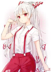 Rule 34 | 1girl, bad id, bad twitter id, blunt bangs, bow, collared shirt, flat chest, fujiwara no mokou, hair bow, halftone, halftone background, hand in own hair, honotai, hot, long hair, looking at viewer, pants, parted lips, ponytail, red eyes, red pants, shirt, short sleeves, silver hair, solo, suspenders, sweat, touhou, very long hair, white background, white shirt
