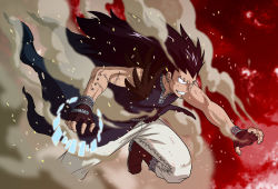 Rule 34 | black hair, boots, fairy tail, feathers, gajeel redfox, gloves, long hair, male focus, scar, smoke, stitches