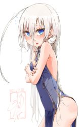 Rule 34 | 1girl, ahoge, blue eyes, blush, breasts, character request, china dress, chinese clothes, cleavage, copyright request, cowboy shot, crossed arms, dated, dress, eyelashes, fingernails, flying sweatdrops, from side, gold trim, hair between eyes, highres, ia (vocaloid), kuuneru514, long hair, looking at viewer, navel, open mouth, parted lips, signature, simple background, small breasts, solo, thighs, tsurime, very long hair, vocaloid, white hair