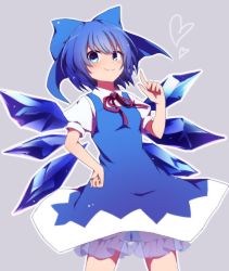 Rule 34 | &gt;:), 1girl, bad id, bad twitter id, blue bow, blue dress, blue eyes, blue hair, blush, bow, cirno, closed mouth, cowboy shot, dress, hair bow, hand on own hip, heart, ice, ice wings, looking at viewer, matching hair/eyes, neck ribbon, puffy short sleeves, puffy sleeves, red ribbon, ribbon, short hair, short sleeves, solo, touhou, v-shaped eyebrows, wings, you (noanoamoemoe)