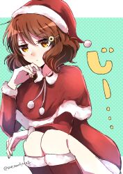 Rule 34 | 1girl, annoyed, artist name, border, brown eyes, brown hair, closed mouth, commentary request, dress, fur-trimmed dress, fur trim, green background, hand up, hat, hibike! euphonium, highres, jitome, letterboxed, looking at viewer, oumae kumiko, outside border, polka dot, polka dot background, red dress, red hat, sae (renkyuuake), santa dress, santa hat, short hair, signature, sketch, solo, squatting, staring, twitter username, white border, yellow eyes