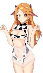 Rule 34 | 1girl, absurdres, animal ears, animal print, bare arms, bare shoulders, blush, breasts, commentary request, cow ears, cow horns, cow print, cowboy shot, etie (fire emblem), fire emblem, fire emblem engage, green eyes, hands up, highres, horns, kemonomimi mode, leotard, long hair, looking at viewer, medium breasts, navel, nintendo, orange hair, see-through, shincito, simple background, solo, standing, stomach, thighs, white background