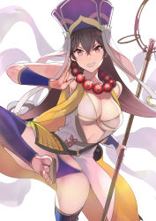 Rule 34 | 1girl, bead necklace, beads, bikini, bow, breasts, commentary request, fate/grand order, fate (series), hair between eyes, hareno chiame, hat, holding, holding staff, jewelry, large breasts, looking at viewer, necklace, pink bow, prayer beads, purple bikini, solo, staff, standing, standing on one leg, swimsuit, white bikini, xuangzang sanzang (fate)