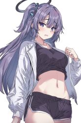Rule 34 | 1girl, black halo, black shirt, black shorts, blue archive, blue eyes, blue hair, blush, clothes pull, collarbone, commentary, cowboy shot, hair ornament, halo, highres, holding cloth, jacket, long hair, long sleeves, looking at viewer, mechanical halo, metsu end, midriff, navel, open mouth, parted bangs, puffy long sleeves, puffy sleeves, shirt, shirt pull, short shorts, shorts, simple background, solo, stomach, two side up, wavy mouth, white background, white jacket, yuuka (blue archive)