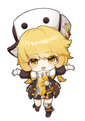 Rule 34 | 1girl, absurdres, alternate hairstyle, ankle boots, ankle socks, badge, blonde hair, boots, brown coat, brown footwear, brown shorts, chibi, coat, fang, frilled shirt collar, frills, fur-trimmed coat, fur hat, fur trim, hair intakes, hat, highres, honkai: star rail, honkai (series), hook (honkai: star rail), incoming hug, knee pads, long hair, long sleeves, looking at viewer, low twintails, open mouth, outstretched arms, papakha, puffy long sleeves, puffy sleeves, ribbon, ruochi lk, shirt, shorts, sidelocks, simple background, single knee pad, socks, spread arms, twintails, two-sided coat, two-sided fabric, walking, white background, white hat, yellow eyes, yellow ribbon, yellow shirt, yellow socks