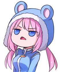 Rule 34 | 1girl, animal hood, blue coat, blue eyes, chibi, coat, d:, fur-trimmed hood, fur trim, fur trimm, hood, jitome, long hair, looking away, low twintails, nieve (rabi ribi), open mouth, pink hair, rabi-ribi, solo, speckticuls, transparent background, triangle mouth, twintails, upper body