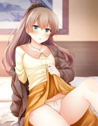 Rule 34 | 1girl, aqua eyes, bedroom, blouse, blush, breasts, brown hair, drawing (object), hair between eyes, hair ornament, hairclip, jacket, kantai collection, kumano (kancolle), lifting own clothes, long hair, looking at viewer, on bed, open mouth, panties, pink panties, pleated skirt, ponytail, rui shi (rayze ray), school uniform, shirt, side-tie peek, sitting, skirt, underwear, yellow shirt