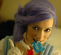 Rule 34 | 1girl, condom, condom in mouth, cosplay, cosplay photo, jessie pridemore, kiddy grade, lumiere, mouth hold, photo (medium), solo