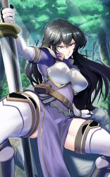 Rule 34 | 1girl, absurdres, angry, armor, ayra (fire emblem), black hair, breasts, commission, commissioner upload, fire emblem, fire emblem: genealogy of the holy war, fire emblem heroes, foreshortening, forest, glaring, highres, holding, holding sword, holding weapon, large breasts, long hair, looking at viewer, medium breasts, nature, nintendo, rock, scowl, solo, spread legs, sword, teeth, thighhighs, thighs, tomorrowsjoker, v-shaped eyebrows, weapon