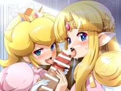 Rule 34 | 1boy, 2girls, absurdres, blonde hair, blue eyes, blush, breasts, censored, crossover, cum, ejaculation, fellatio, gloves, handjob, highres, konpeto, large breasts, large penis, licking, long hair, looking at viewer, mario (series), multiple girls, naughty face, nintendo, open mouth, oral, orgasm, penis, penis grab, pointless censoring, pointy ears, princess, princess peach, princess zelda, super mario bros. 1, teamwork, the legend of zelda, the legend of zelda: a link to the past, tongue, tongue out