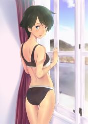 Rule 34 | 10s, 1girl, ass, black bra, black hair, black panties, blue eyes, bra, curtains, flat ass, from behind, highres, kantai collection, looking at viewer, mogami (kancolle), open mouth, panties, short hair, solo, standing, thigh gap, underwear, underwear only, wa (genryusui), window
