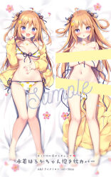 Rule 34 | 1girl, :d, ahoge, barefoot, bedroom, bikini, black ribbon, blush, breasts, censored, chestnut mouth, commentary request, dakimakura (medium), fang, flower, front-tie top, hair between eyes, hair ribbon, haruka-chan (pan (mimi)), heart, heart-shaped pupils, jacket, large breasts, lemon print, long hair, long sleeves, multiple views, nail polish, off shoulder, open clothes, open jacket, open mouth, orange hair, original, pan (mimi), petals, pink flower, print bikini, puffy long sleeves, puffy sleeves, purple eyes, red nails, ribbon, sample watermark, side-tie bikini bottom, sleeves past wrists, smile, swimsuit, symbol-shaped pupils, translation request, two side up, very long hair, watermark, white bikini, yellow jacket