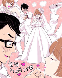Rule 34 | 1boy, 1girl, animification, bare shoulders, black hair, blue eyes, bouquet, bridal veil, brown hair, dress, elbow gloves, flower, formal, glasses, gloves, heart, jewelry, mio (ressha sentai toqger), necklace, ressha sentai toqger, short hair, suit, super sentai, tokatti (ressha sentai toqger), urab, veil, wedding dress