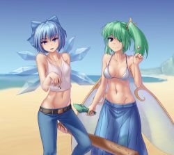 Rule 34 | 2girls, aged up, baseball bat, beach, belt, bikini, blue eyes, blue hair, blue skirt, bottle, breasts, breasts apart, broken bottle, candy, cigarette, cirno, club (weapon), contemporary, crop top, daiyousei, day, denim, fairy, flower, food, gradient background, green eyes, green hair, hater (hatater), highres, jeans, lollipop, long skirt, looking at viewer, medium breasts, midriff, multiple girls, nail, nail bat, navel, no panties, non-web source, ocean, outdoors, pants, rose, sand, shirt, skinny, skirt, sky, small breasts, smile, smoke, strap gap, swimsuit, t-shirt, touhou, water, weapon