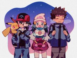 Rule 34 | 1girl, 2boys, animal, animal hug, animal on shoulder, ash ketchum, backpack, bag, baseball cap, beanie, belt, black bag, black gloves, black pants, black vest, blue eyes, blue hair, blue jacket, blue pants, blush stickers, breath, brock (pokemon), brown eyes, brown hair, clenched hand, closed eyes, coat, cold, commentary, creatures (company), dawn (pokemon), fingerless gloves, game freak, gen 1 pokemon, gen 4 pokemon, gloves, hair ornament, hand up, hands up, happy, hat, highres, jacket, looking at another, looking at viewer, medium hair, mgomurainu, multiple boys, nintendo, on shoulder, one eye closed, open mouth, outdoors, pants, pikachu, pink coat, piplup, pokemon, pokemon (anime), pokemon (creature), pokemon dppt (anime), pokemon on shoulder, red headwear, scarf, short hair, smile, snowing, spiked hair, standing, symbol-only commentary, thighhighs, twilight, upper body, vest, white headwear, white scarf, white thighhighs, winter