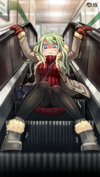 Rule 34 | 1girl, 3:, bag, bail, between breasts, black pantyhose, blue eyes, blurry, blush, boots, breasts, coat, depth of field, dress, escalator, fallen down, gloves, green hair, hair ornament, hairclip, knees together feet apart, large breasts, long hair, open clothes, open coat, original, panties, pantyhose, ribbed sweater, sitting, strap between breasts, sweater, sweater dress, thighband pantyhose, trembling, underwear, winter clothes