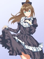 Rule 34 | 1girl, alternate costume, aqua eyes, black bow, black dress, blue background, blush, bow, bowtie, brown hair, closed mouth, dress, frilled dress, frills, hair bow, highres, kantai collection, kumano (kancolle), lips, long hair, long sleeves, ponytail, shingyou (alexander-13), simple background, skirt hold, solo