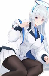 Rule 34 | 1girl, absurdres, black pantyhose, blue archive, blue necktie, blunt bangs, breasts, closed mouth, collared shirt, commentary, grey hair, halo, hand up, highres, jacket, kuyoumi, large breasts, long hair, long sleeves, looking at viewer, mechanical halo, necktie, noa (blue archive), off shoulder, open clothes, open jacket, pantyhose, pleated skirt, purple eyes, shirt, simple background, sitting, skirt, smile, solo, thighs, tongue, tongue out, vest, white background, white jacket, white shirt, white skirt, white vest
