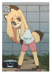 Rule 34 | 1girl, :3, absurdres, animal ears, blonde hair, boombox, border, bright pupils, child, exercising, eyes visible through hair, female focus, fox ears, fox tail, furry, furry female, grass, hair ornament, hairclip, highres, kadim, long hair, looking at viewer, original, pink shorts, shorts, solo, standing, stretching, tail, white border, white pupils