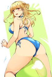 Rule 34 | 1girl, absurdres, agetama, ass, bikini, blonde hair, blue bikini, breasts, commentary request, cowboy shot, fang, from behind, highres, large breasts, long hair, looking at viewer, looking back, open mouth, red eyes, side-tie bikini bottom, solo, swimsuit, tokyo 7th sisters, two side up, uesugi u. kyouko
