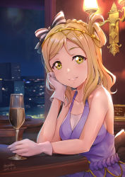 Rule 34 | 1girl, absurdres, artist name, birthday, blonde hair, braid, breasts, building, cleavage, collarbone, commentary request, crown braid, cup, dated, drinking glass, gloves, hair ribbon, hair rings, happy birthday, highres, large breasts, looking at viewer, love live!, love live! school idol festival, love live! sunshine!!, medium hair, night, night sky, ohara mari, ribbon, shamakho, sitting, sky, sleeveless, smile, table, white gloves, yellow eyes
