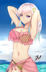 Rule 34 | 1girl, absurdres, airani iofifteen, aqua hair, armpits, arms up, bare shoulders, bikini, blue sky, breasts, cleavage, collarbone, commentary, crescent, crescent hair ornament, day, dynorz, gradient hair, hair ornament, highres, hololive, hololive indonesia, large breasts, long hair, multicolored hair, navel, ocean, pink hair, see-through, sky, solo, swimsuit, two-tone hair, virtual youtuber