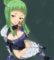 Rule 34 | 1girl, bear, blush, boots, breasts, cleavage, eden&#039;s zero, gaston18, green hair, highres, kleene (eden&#039;s zero), large breasts, red eyes, smile, spacesuit, stuffed animal, stuffed toy, teddy bear, thighs