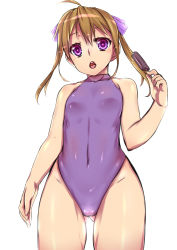 Rule 34 | ahoge, bad id, bad pixiv id, blonde hair, covered navel, food, gluteal fold, hair ribbon, highres, long hair, one-piece swimsuit, original, popsicle, purple eyes, purple one-piece swimsuit, ribbon, solo, standing, swimsuit, tiha, twintails