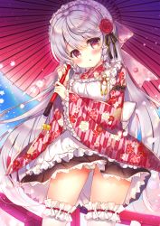 Rule 34 | 1girl, apron, black skirt, blush, braid, cameltoe, commentary request, floral print, flower, frilled apron, frilled thighhighs, frills, gluteal fold, hair between eyes, hair flower, hair ornament, highres, holding, holding umbrella, japanese clothes, kimono, long hair, long sleeves, looking at viewer, maid, maid headdress, oil-paper umbrella, original, panties, parted lips, pink kimono, pleated skirt, print kimono, purple umbrella, red eyes, red flower, red rose, red umbrella, rose, side braids, silver hair, skirt, sleeves past wrists, solo, standing, suzunone rena, thighhighs, twin braids, umbrella, underwear, very long hair, wa maid, white apron, white panties, white thighhighs, wide sleeves