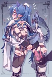 Rule 34 | 1girl, arknights, arms behind back, bdsm, black thighhighs, blue eyes, blue hair, bondage, bound, bound arms, breasts, commission, dragon horns, dragon tail, exoskeleton, hair between eyes, highres, horns, imazawa, imminent anal, imminent penetration, imminent rape, ling (arknights), long hair, looking at viewer, pointy ears, rape, resolution mismatch, restrained, reverse prayer, second-party source, short shorts, shorts, solo, source larger, tail, thighhighs, toeless legwear, very long hair