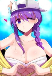Rule 34 | 1girl, asymmetrical hair, bandeau, bare shoulders, baseball cap, bb (fate), bb (fate) (all), bb (swimsuit mooncancer) (fate), bb (swimsuit mooncancer) (first ascension) (fate), blush, braid, breasts, cleavage, cropped jacket, fate/grand order, fate (series), han (jackpot), hat, hat ornament, heart, heart hands, jacket, large breasts, long hair, long sleeves, looking at viewer, midriff, one eye closed, puckered lips, purple eyes, purple hair, single braid, solo, star (symbol), star hat ornament, very long hair, white hat, yellow jacket