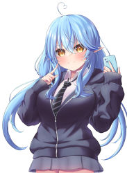 Rule 34 | 1girl, absurdres, ahoge, black jacket, black necktie, black skirt, blue hair, blush, breasts, brown eyes, cellphone, closed mouth, collared shirt, diagonal-striped clothes, diagonal-striped necktie, glint, hair between eyes, hands up, heart, heart ahoge, highres, holding, holding phone, hololive, hood, hood down, hooded jacket, jacket, looking at viewer, medium breasts, multicolored hair, necktie, neko punch (user hddm3373), phone, pleated skirt, pointy ears, school uniform, shirt, simple background, skirt, sleeves past wrists, smile, solo, streaked hair, striped clothes, upper body, virtual youtuber, white background, white shirt, yukihana lamy