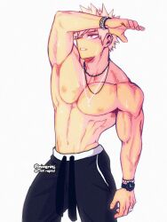 Rule 34 | 1boy, armpits, bakugou katsuki, blonde hair, boku no hero academia, bracelet, ear piercing, highres, jewelry, male focus, muscular, muscular male, necklace, nipples, niverins, pectorals, piercing, red eyes, ring, scar, scar on chest, solo, sweat, topless male, watch
