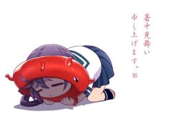 Rule 34 | 1girl, = =, abyssal ship, akebono (kancolle), chibi, closed eyes, commentary request, enemy lifebuoy (kancolle), full body, horns, kantai collection, long hair, pleated skirt, prostration, purple hair, school uniform, serafuku, simple background, skirt, sumeragi hamao, translation request, white background